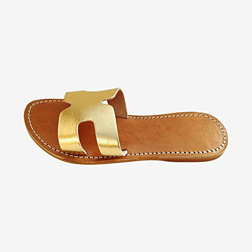 Sandales dorées en cuir véritable en forme de H